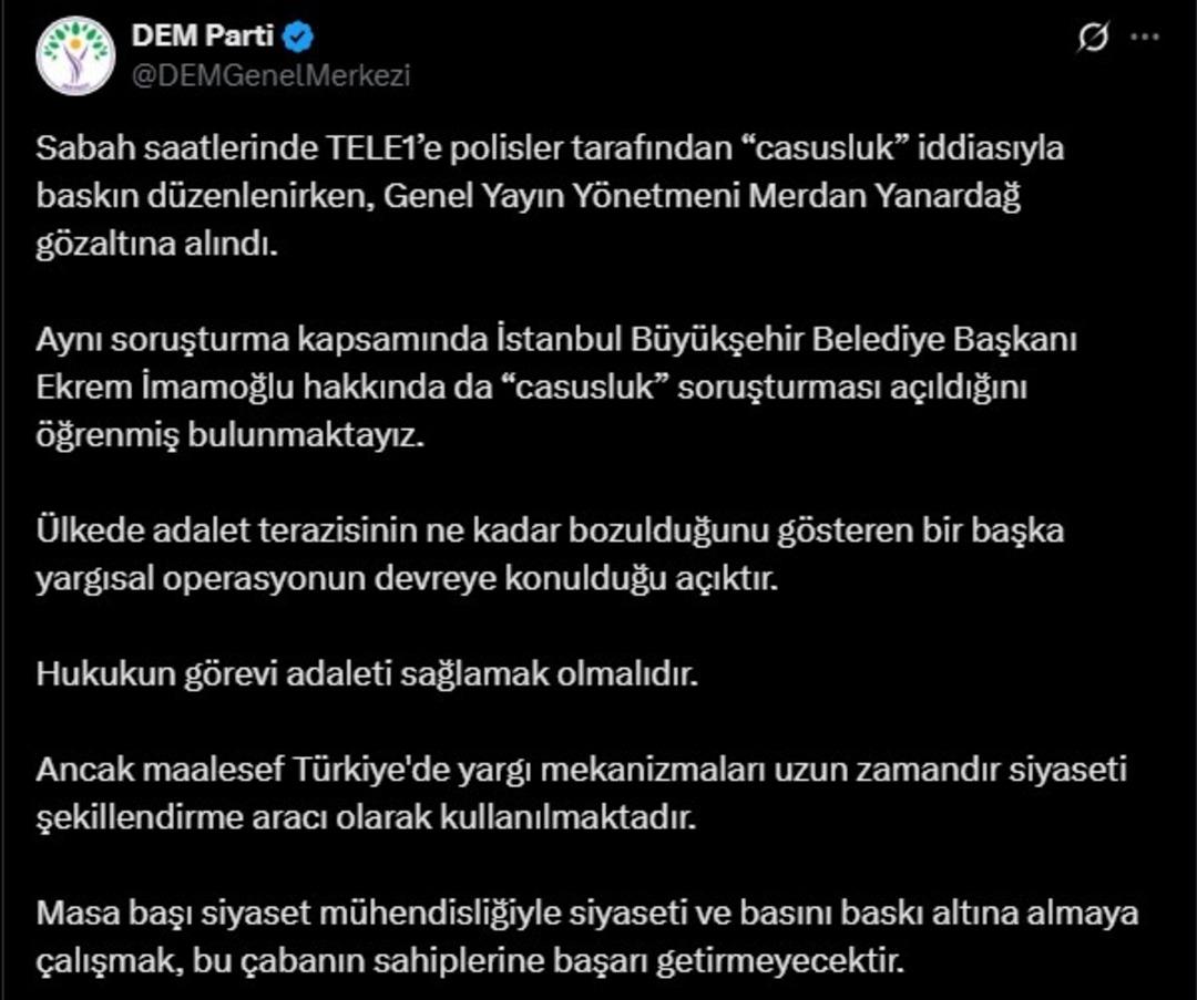 DEM partisinin İmamoğlu ve TELE 1'e tepkisi: 
